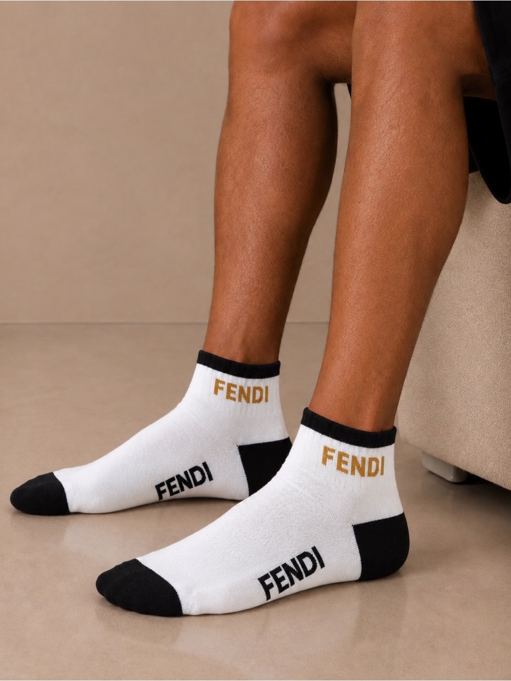 Fendi White Ankle Socks with Black Accents and Gold Logo